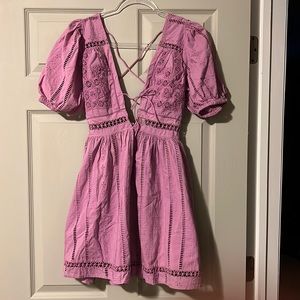 Urban Outfitters UO Marlee Eyelet Backless pink Puff Sleeve Dress NWOT